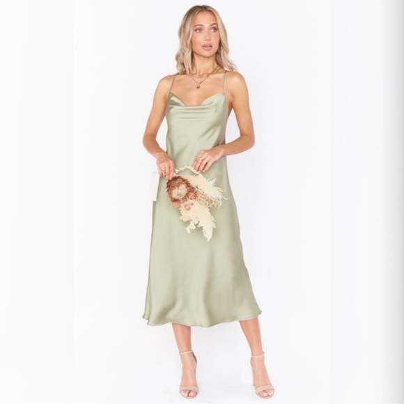 Show Me Your Mumu Verona Cowl Dress Moss Green Luxe Satin - Picture 1 of 3